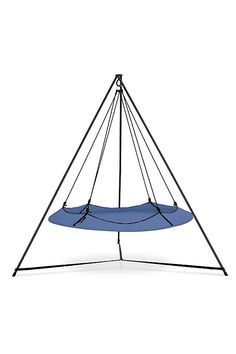 a blue hammock hanging from a black metal frame on an isolated white background