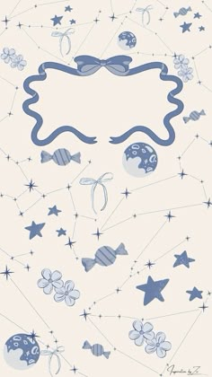 an abstract blue and white background with stars, circles, and swirls on it