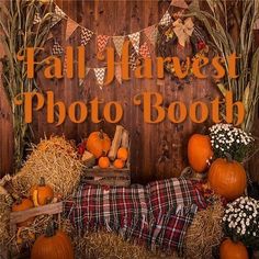 fall harvest photo booth with pumpkins, hay bales and other autumn decorations on display