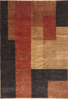 an area rug with different colors and shapes on it, including black, brown, red, tan, and beige