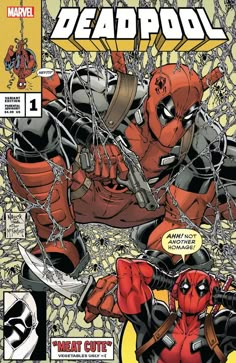 deadpool comic cover with deadpool in the background and deadpool hanging from chains