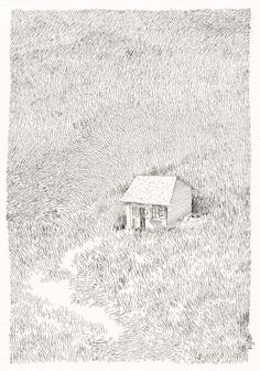 an ink drawing of a house in the middle of a field with grass growing all around it