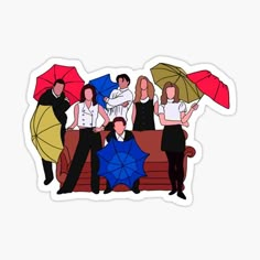 a group of people standing around each other with umbrellas over their heads sticker