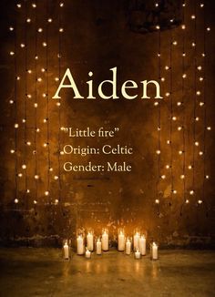 an image of candles and string lights with the words,'alden little fire origin celtic