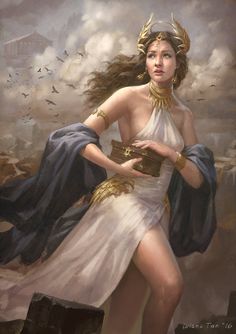 a painting of a woman dressed in white and gold, holding a box with birds flying around her