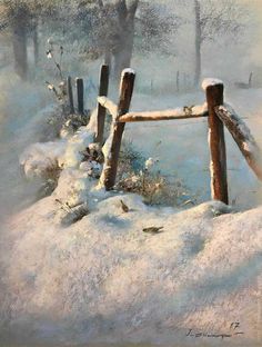 a painting of a fence in the snow