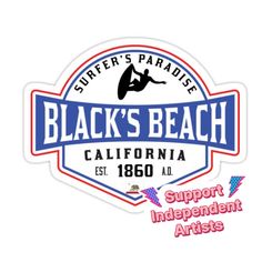 the black's beach california sticker is shown in red, white and blue