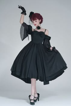 Morning Dew Black Off-the-shoulder Neckline Short Sleeves Elegant Lolita Dress OP Pose Reference Dress, Dress Pose Reference, Anime Show, Classic Lolita, Female Pose Reference, Morning Dew, Standing Poses, Human Poses Reference, Foto Poses