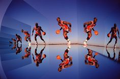 multiple shots of basketball players in red and white uniforms with their reflection on the water