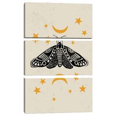 two canvases with moths and stars on them