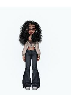 an animated image of a woman with long black hair wearing jeans and a white shirt