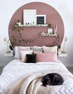 a black cat laying on top of a bed next to a pink wall and plants