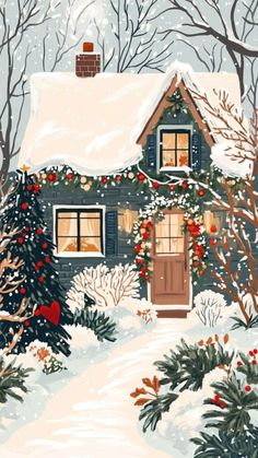 a painting of a house in the snow with christmas decorations on it's roof