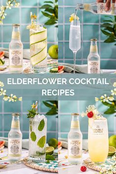 the elderflower cocktail recipe is ready to be served in glass bottles and glasses with flowers on them