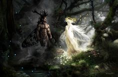 a man and woman in the woods with fairy lights on their head, standing next to each other