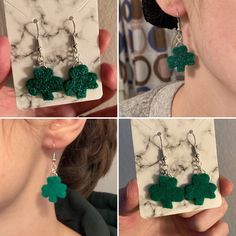 four photos of the same pair of earrings with green felt shamrocks hanging from them