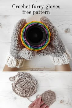 crochet furry gloves with free pattern and instructions on how to make them for the winter