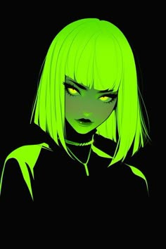 a woman with green hair and glowing eyes