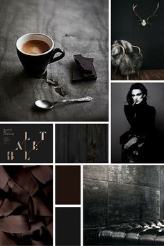 a collage of black and white images with coffee, chocolates, spoons and other items