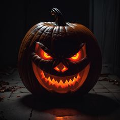 a carved pumpkin with glowing eyes in the dark