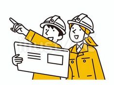 two men in yellow work uniforms pointing at something on the paper that they are holding