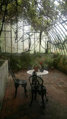 a small table and chair on a brick patio in front of a large glass greenhouse