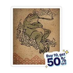 a sticker with an image of a frog on it's back and the words, buy 10 get 50 % off