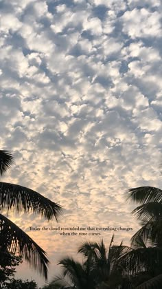 the sky is filled with clouds and palm trees