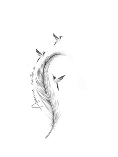 a black and white drawing of some birds flying in the sky with words written on it