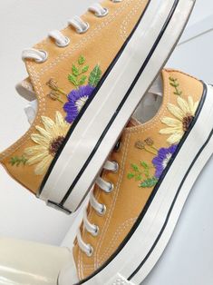 PLEASE NOTE ESTIMATED SHIPPING DATES BELOW LISTING INFORMATION Hand embroidered branded or non branded shoes Option to embroider onto pre owned or new shoes. SHOE OPTIONS   If I am buying the shoes, provide the shoe size and confirm whether it is EU, UK or US (men's/women's) sizes. The shoes in the photo are sunflower yellow in shade but this design will work with a white shoe as well or any other shade.  If you are sending shoes to me then I will provide my postal address once you have placed y Embroidery Shoes Diy, Custom Converse High Tops, Wedding Vans, Custom Wedding Shoes, Wedding Converse, Branded Shoes, Wedding Sneakers, Authentic Vans, Hey Dudes