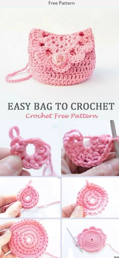 the crochet bag is being worked on with scissors and yarn, as well as instructions to make it