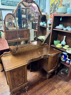 Beautiful 1920's antique Art Deco Neo Classical vanity.  Four deep drawers, dovetail construction with original brass hardware, 47 x 18 x 30" with mirror 38 x 40".   Turned feet, lots of carving, embellishments and beautiful detail.  The mirror does show distress at the top. Vanity is in very good refinished condition.   Free shipping to the West Coast, higher elsewhere, please provide zip code for quote!   Our store, Street Faire Antiques is open Tuesday - Sunday at 1317 Sartori Ave., Torrance, Bedroom Aesthetic Ideas, Vanity Inspo, Nyc Penthouse, Art Deco Vanity, Vanity Tables, Fairy Home, Antique Vanity, Neo Classical, Furniture Vanity