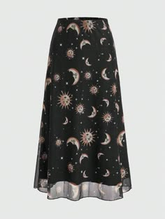 Women's Sun, Moon, Stars And Constellations Skirt With Sheer Mesh Fabric Black Casual   Mesh Fabric Galaxy A Line High Stretch  Women Clothing, size features are:Bust: ,Length: ,Sleeve Length: Corporate Emo, Minimalist Witch, Flying Drawing, Plus Size Alt Fashion, Plus Size Alt, Mlp Outfits, Moon Clothes, Galaxy Skirt, Space Clothes