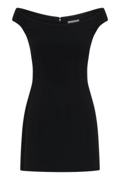 a women's black dress with an off the shoulder neckline and side zippers