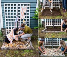 several pictures of people and their dog working in the garden with rocks, gravel and grass