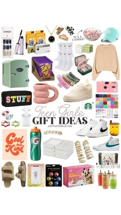 the words teen girls gift ideas are surrounded by many different items and things to include