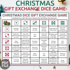 the christmas exchange dice game is shown with presents around it and text that reads, christmas exchange dice game