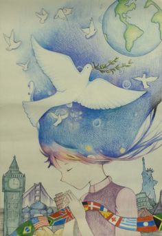 a drawing of a girl with a dove on her shoulder and the earth in the background