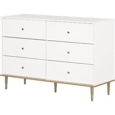 a white dresser with gold handles and drawers on it's sides, against a white background