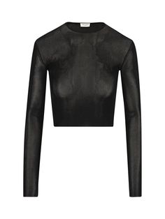 Composition: 100% Viscose | Saint Laurent Women's Ribbed-knit Cropped Top in Black | SS24 Winter Evening Cropped Tops, Fitted Ribbed Evening Tops, Stretch Ribbed Evening Tops, Fitted Ribbed Tops For Evening, Sleek Winter Party Tops, Classic Winter Party Tops, Elegant Cropped Fine Knit Top, Elegant Fine Knit Cropped Top, Saint Laurent Shirt