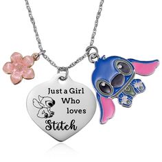 two necklaces that say, just a girl who loves stitch and an elephant with pink flowers