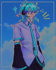 an anime character with blue hair wearing a tie and headphones, standing in front of the sky