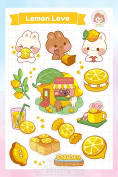 a sticker sheet with lemons, oranges and other food items on it