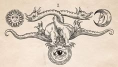 a drawing of an eye and two dragon heads