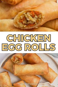 chicken egg rolls on a plate with text overlay