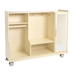 a wooden cabinet with two shelves on wheels