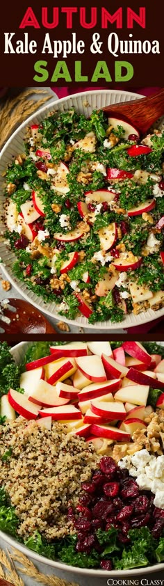 kale apple and quinoa salad with cranberry sauce in a serving dish