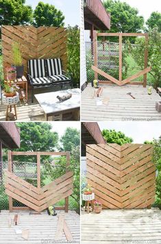 four different views of a wooden deck