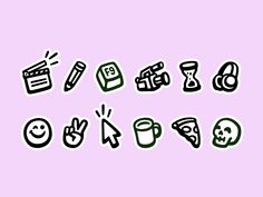 a set of stickers with different types of items on them, all in black and white