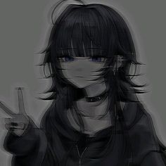 a drawing of a girl with blue eyes pointing to the side while wearing a hoodie